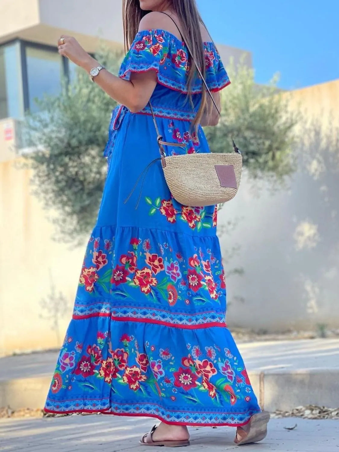 Floral Off Shoulder Ruffle Maxi Dress.