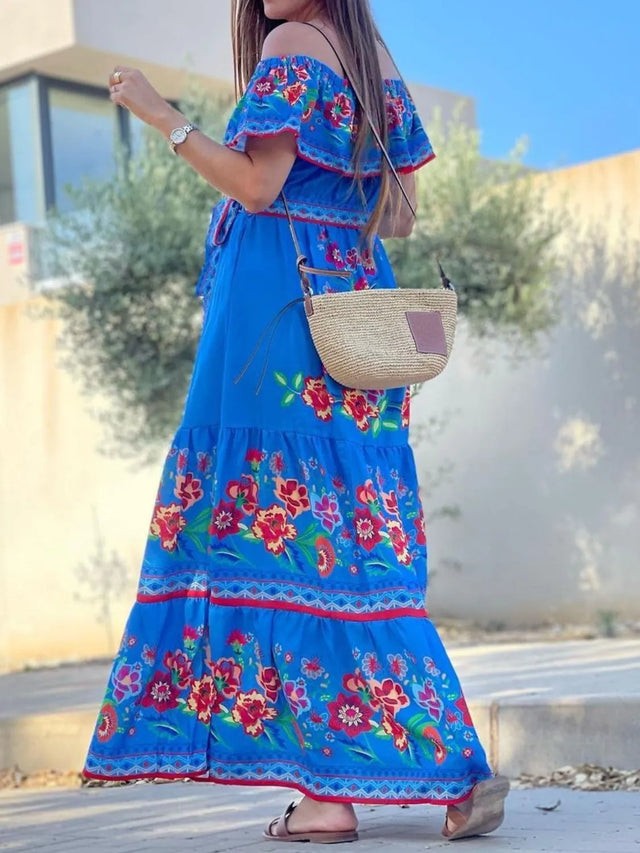 Floral Off Shoulder Ruffle Maxi Dress.