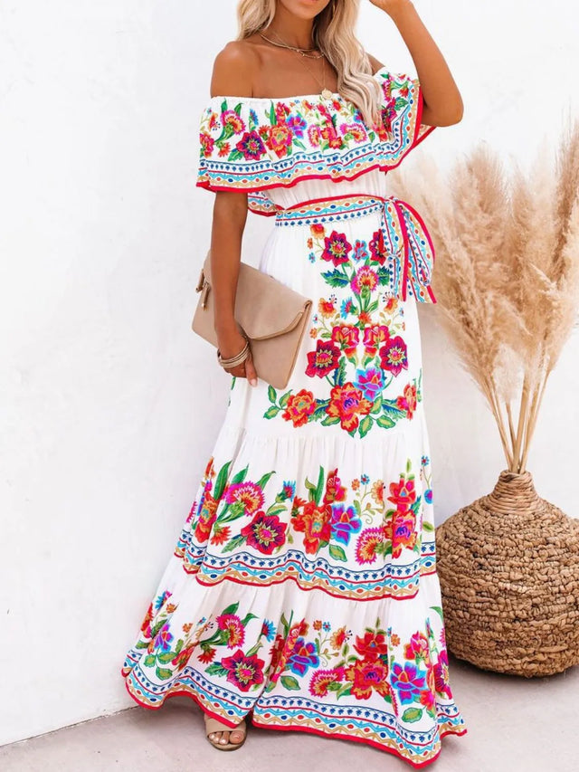Floral Off Shoulder Ruffle Maxi Dress.