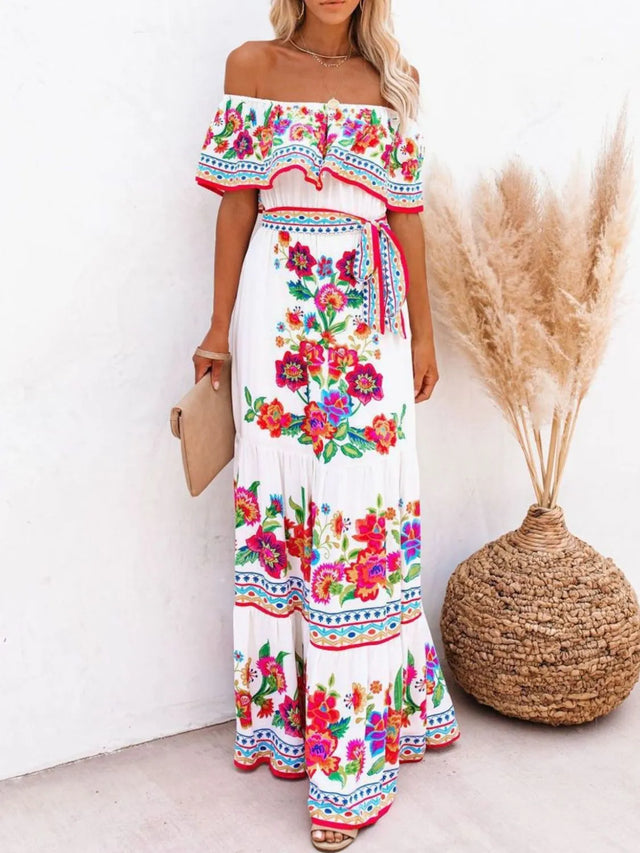 Floral Off Shoulder Ruffle Maxi Dress.