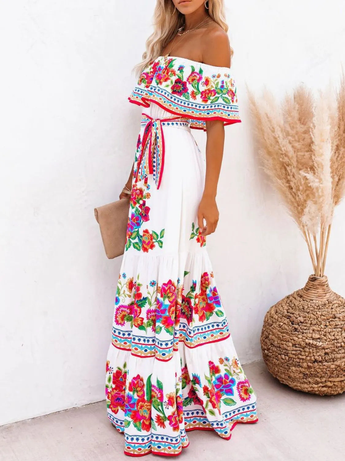 Floral Off Shoulder Ruffle Maxi Dress.