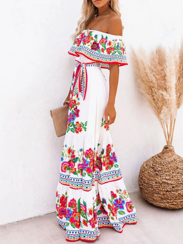 Floral Off Shoulder Ruffle Maxi Dress.