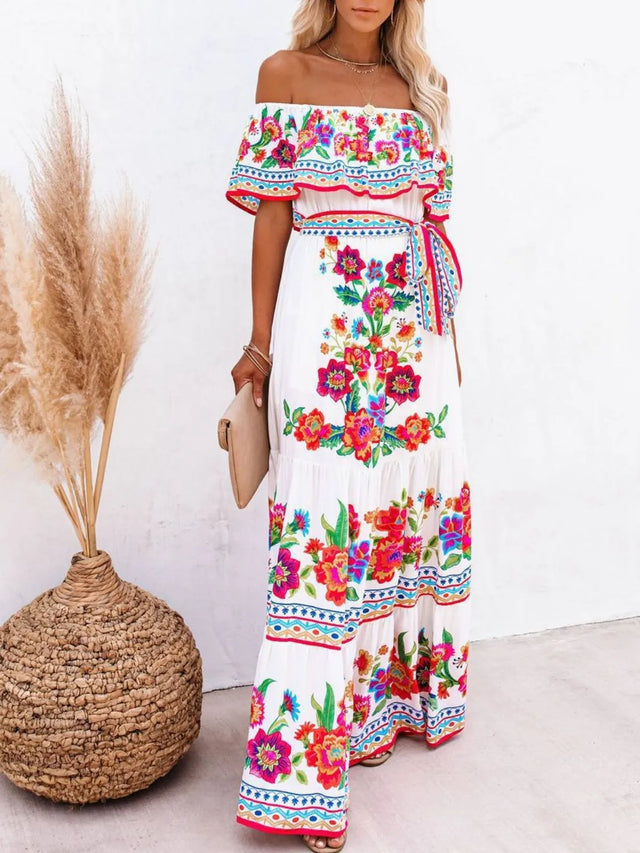 Floral Off Shoulder Ruffle Maxi Dress.