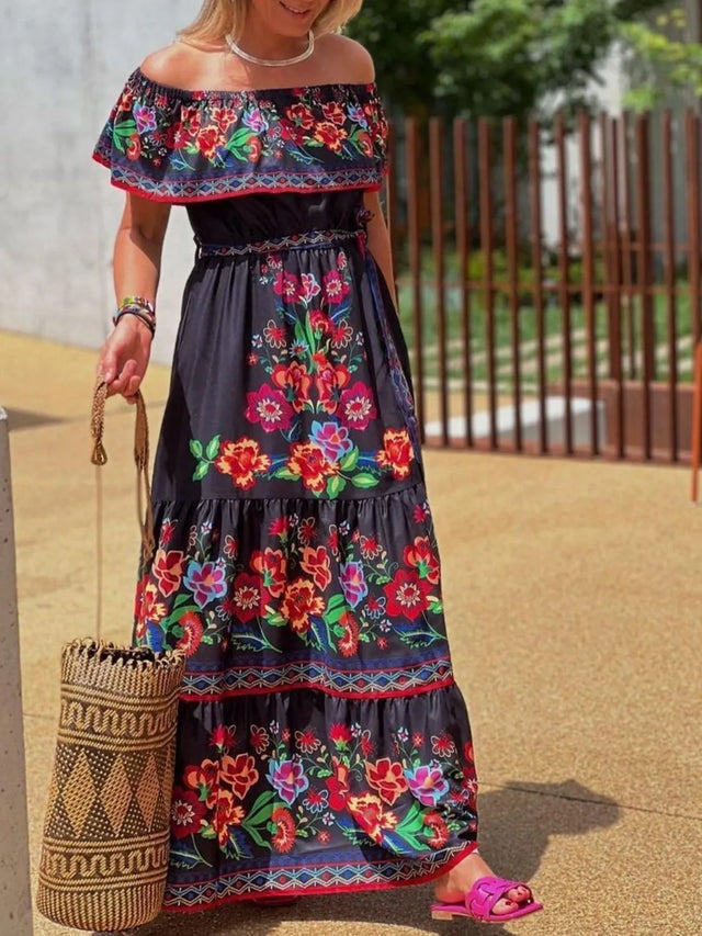Floral Off Shoulder Ruffle Maxi Dress.