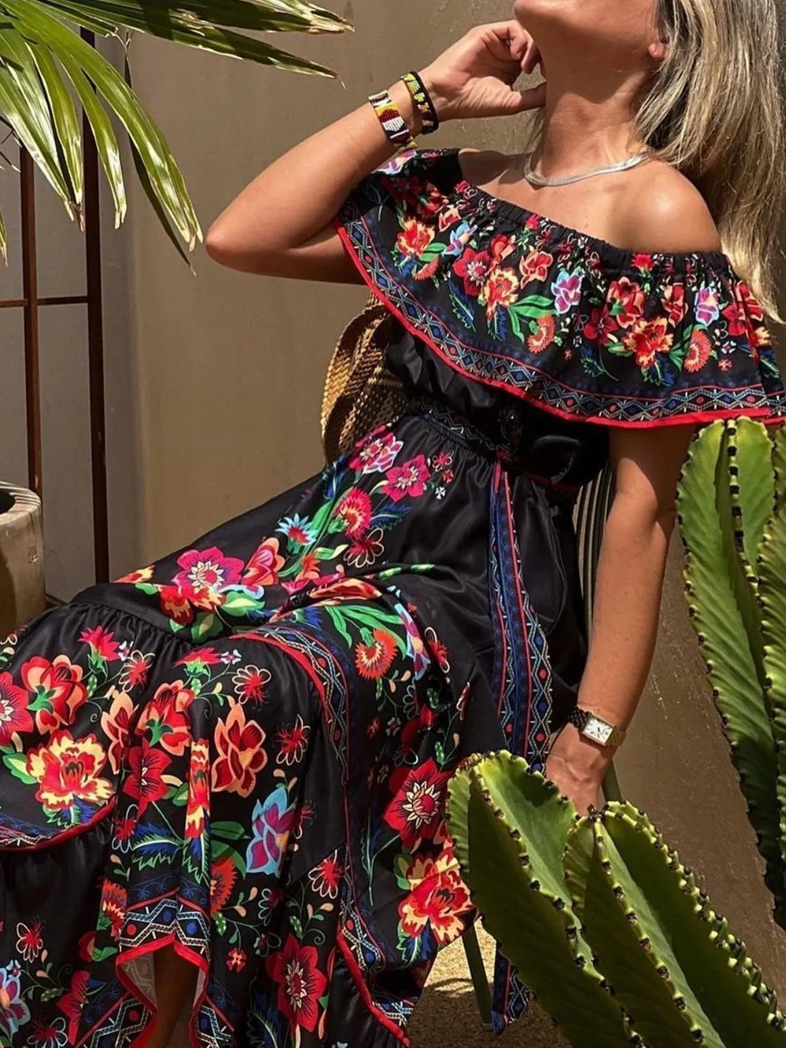 Floral Off Shoulder Ruffle Maxi Dress.