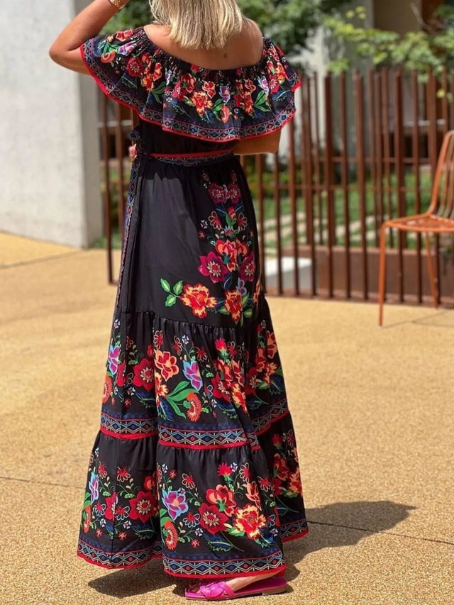 Floral Off Shoulder Ruffle Maxi Dress.