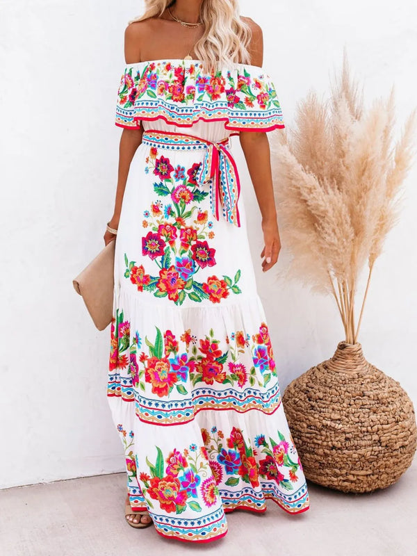 Floral Off Shoulder Ruffle Maxi Dress.