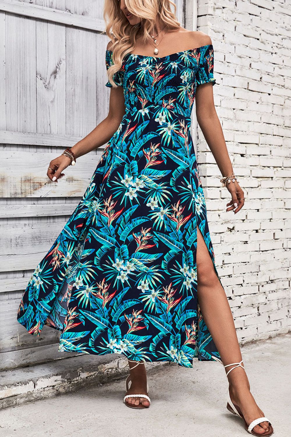 Perfee Floral Off-Shoulder Slit Dress.