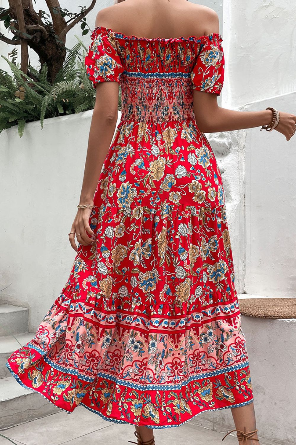 Perfee Floral Off-Shoulder Smocked Midi Dress.