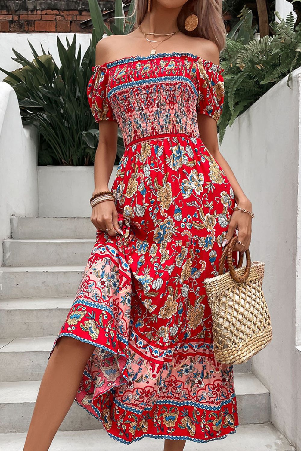 Perfee Floral Off-Shoulder Smocked Midi Dress.