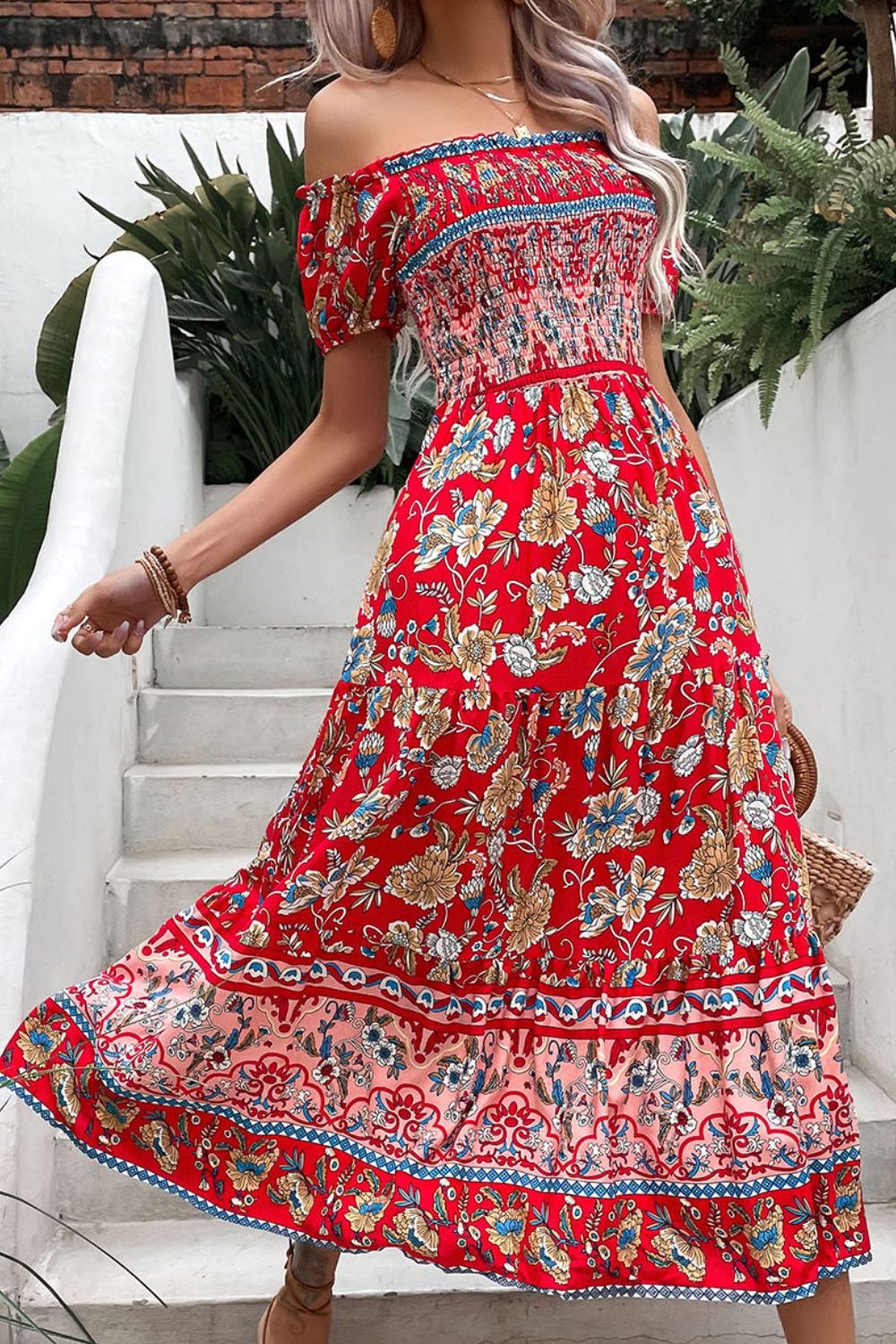 Perfee Floral Off-Shoulder Smocked Midi Dress.