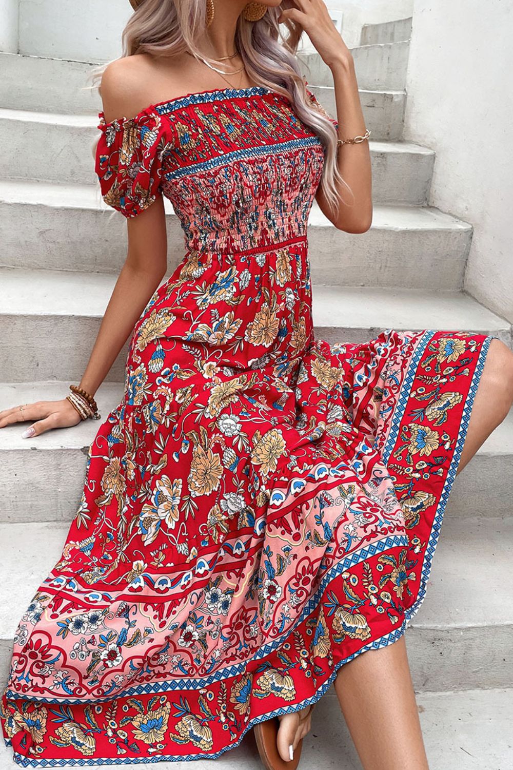 Perfee Floral Off-Shoulder Smocked Midi Dress.