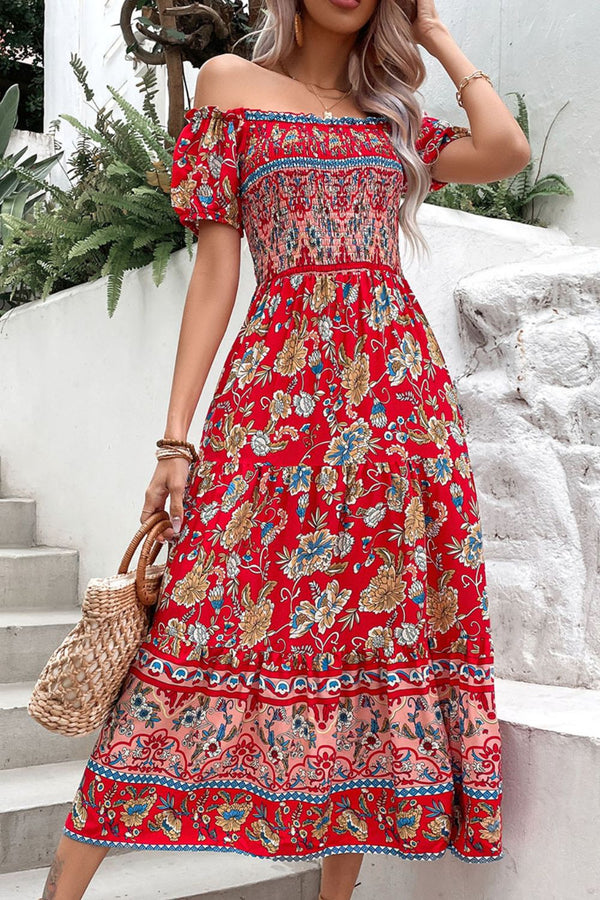 Perfee Floral Off-Shoulder Smocked Midi Dress.
