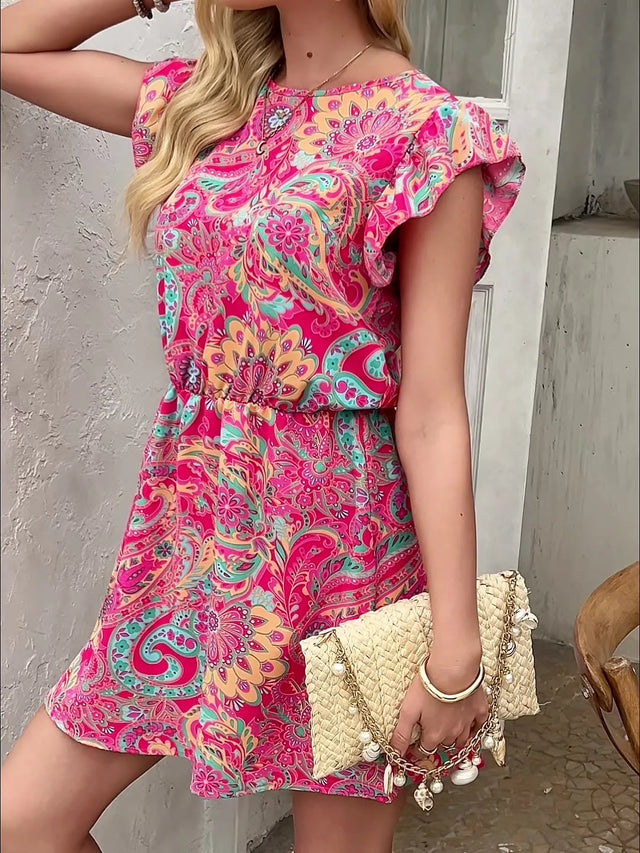Floral Paisley Print Flutter Sleeve Mini Dress.