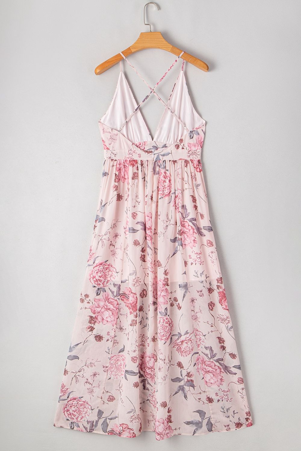 Floral Pleated Deep V Backless Maxi Dress.