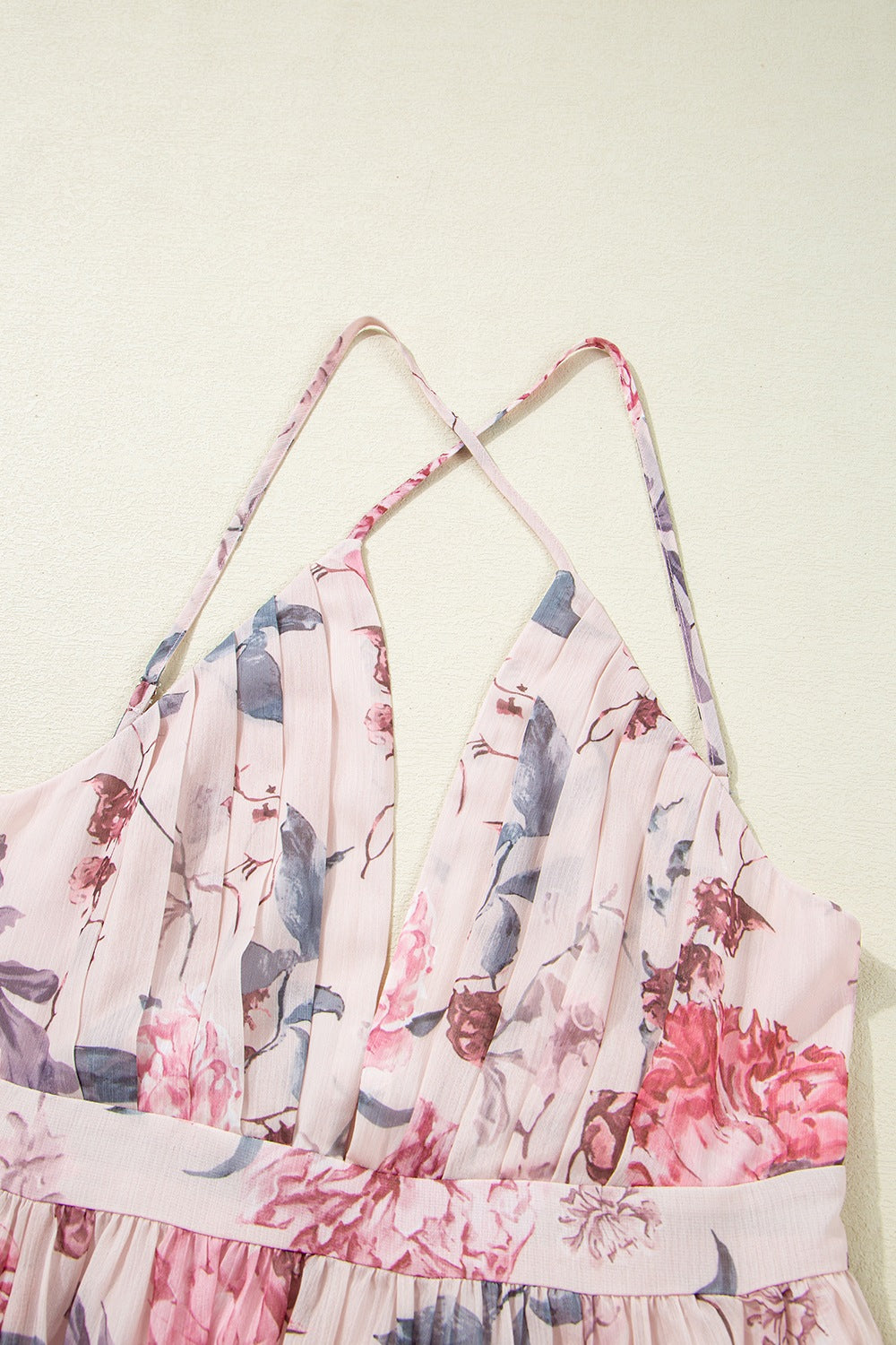 Floral Pleated Deep V Backless Maxi Dress.