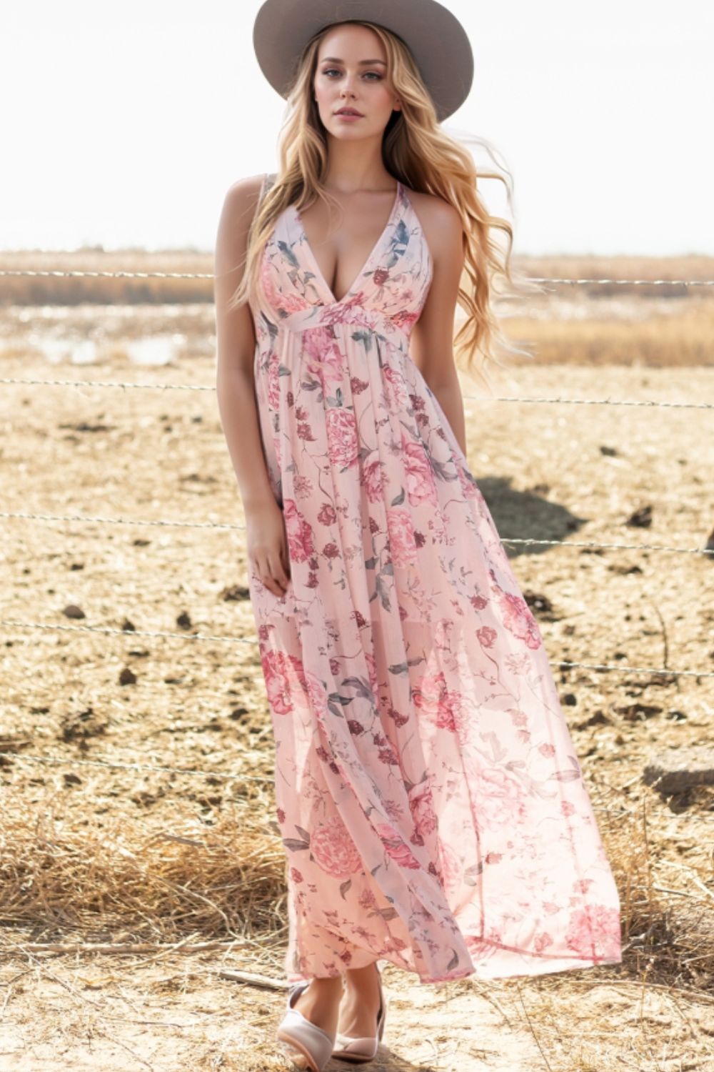 Floral Pleated Deep V Backless Maxi Dress.