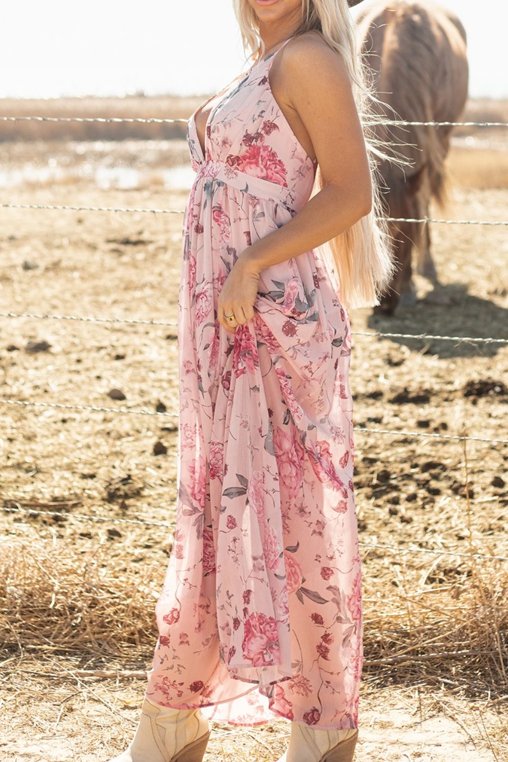 Floral Pleated Deep V Backless Maxi Dress.