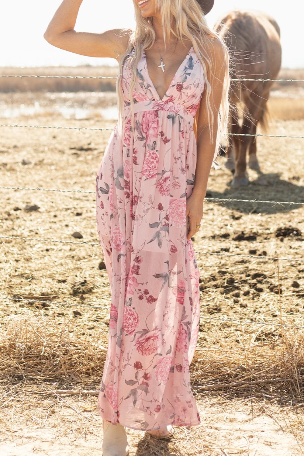 Floral Pleated Deep V Backless Maxi Dress.