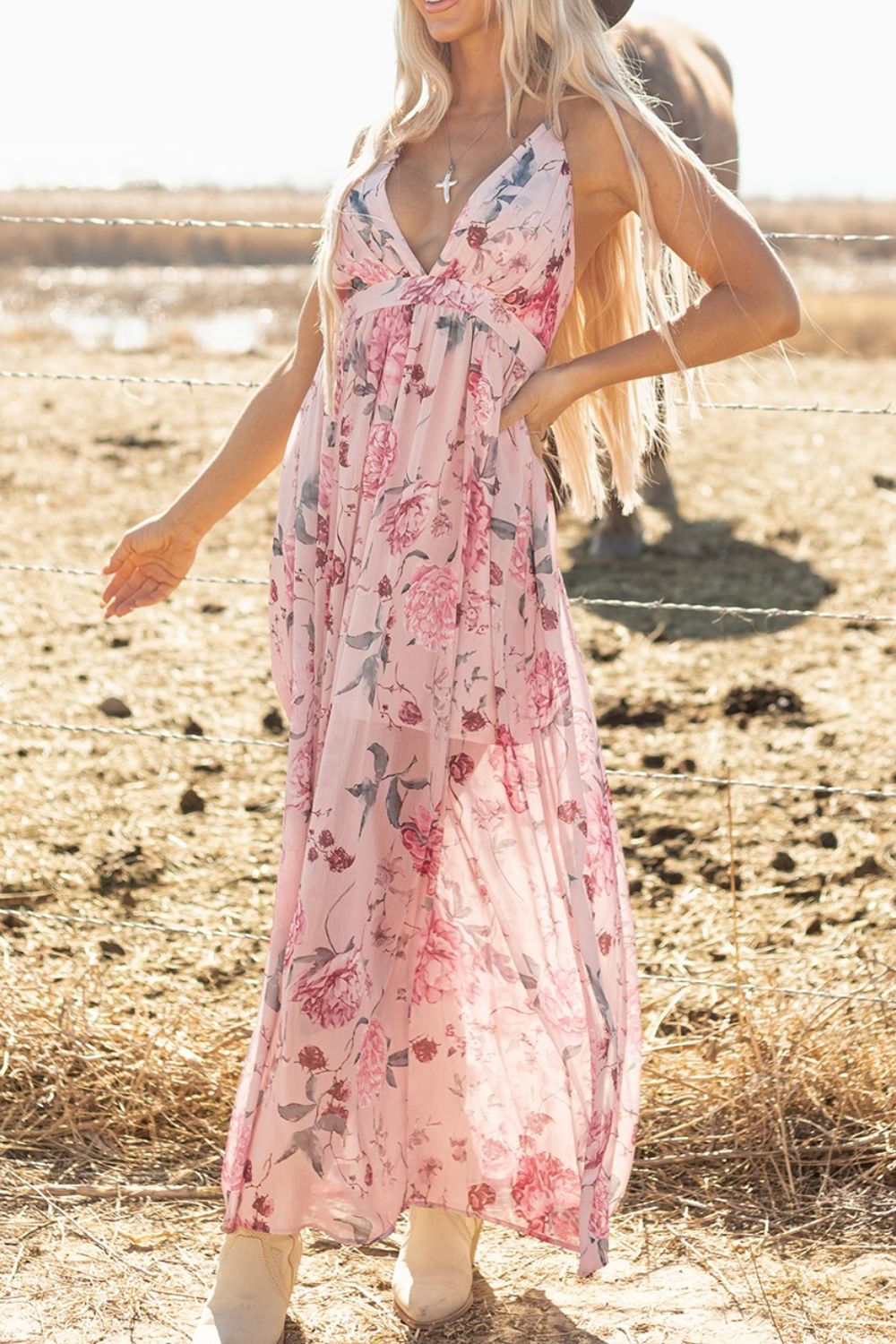 Floral Pleated Deep V Backless Maxi Dress.