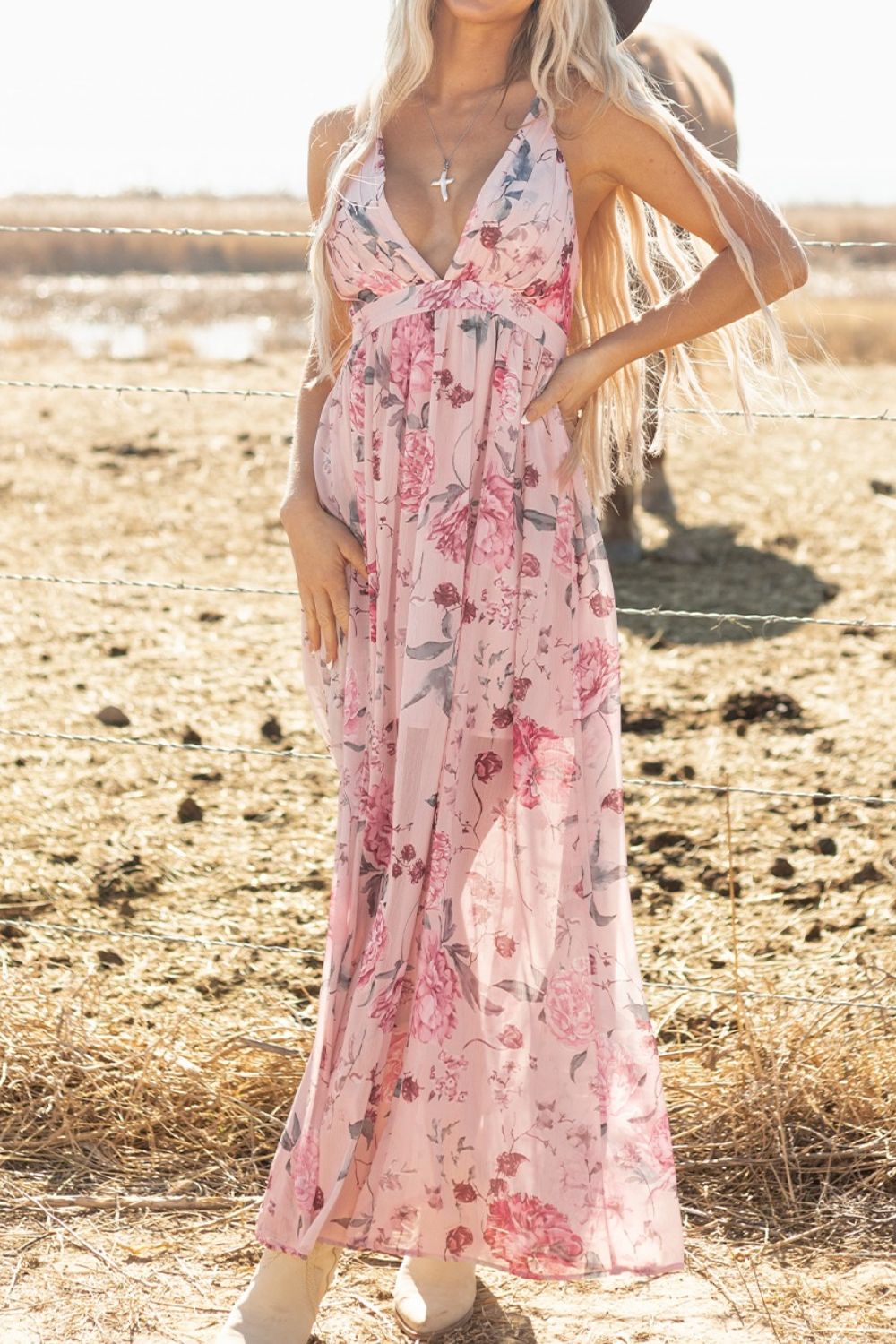 Floral Pleated Deep V Backless Maxi Dress.