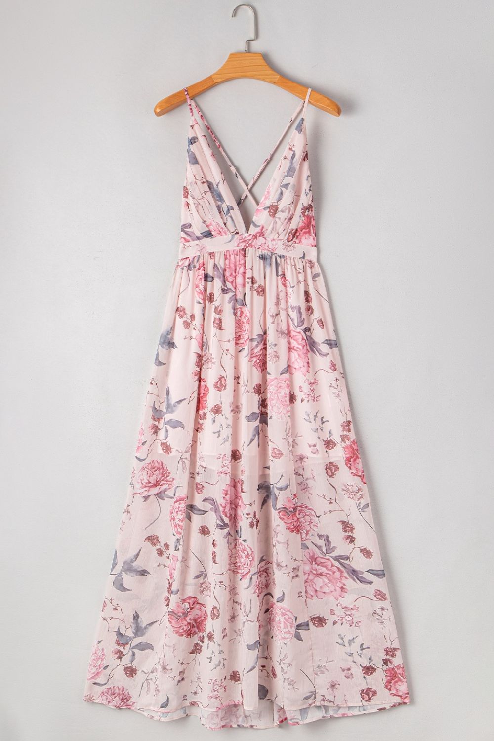 Floral Pleated Deep V Backless Maxi Dress.