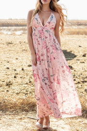 Floral Pleated Deep V Backless Maxi Dress.
