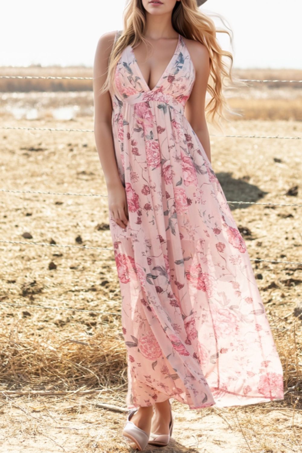 Floral Pleated Deep V Backless Maxi Dress.