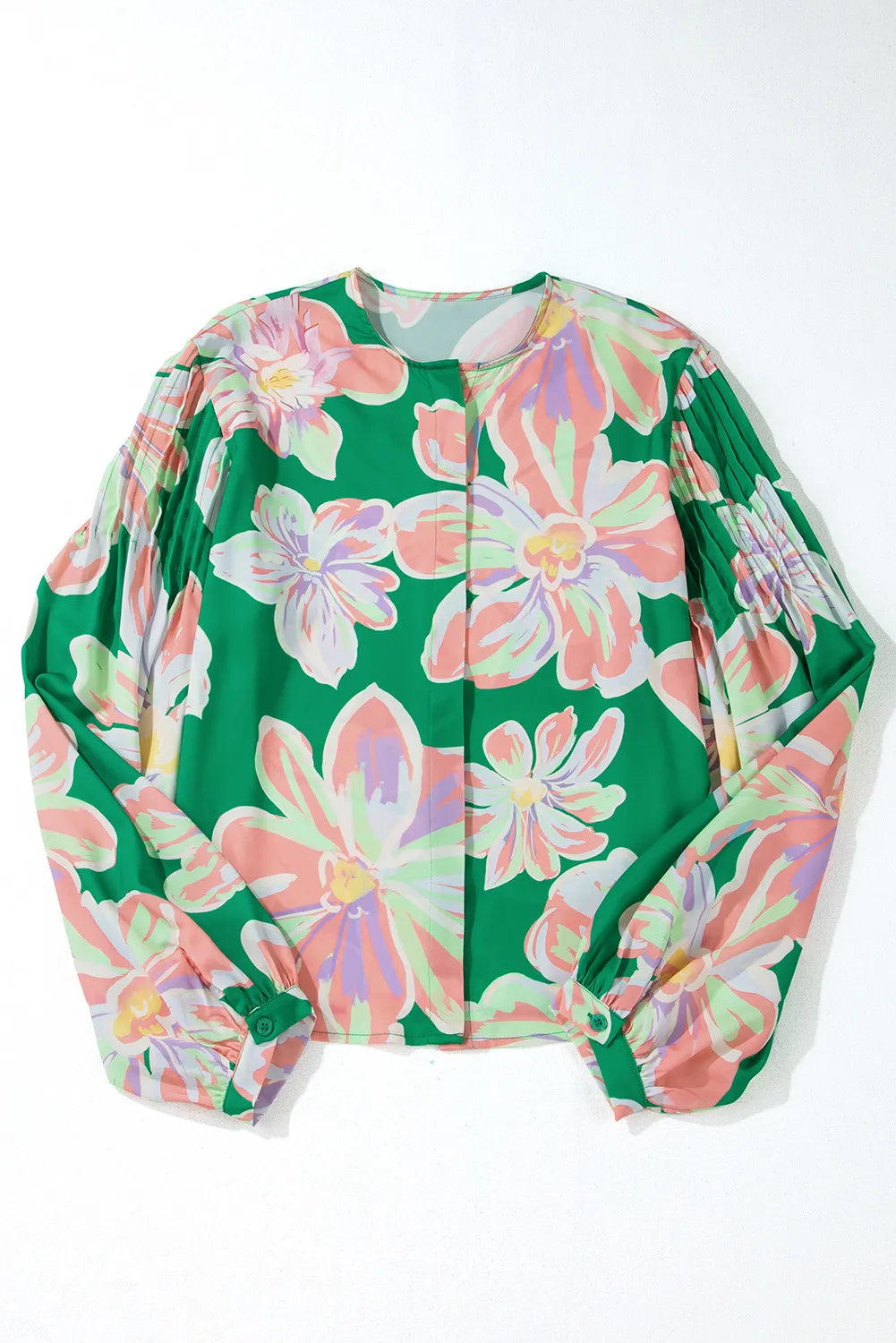 Floral pleated puff sleeve shirt.