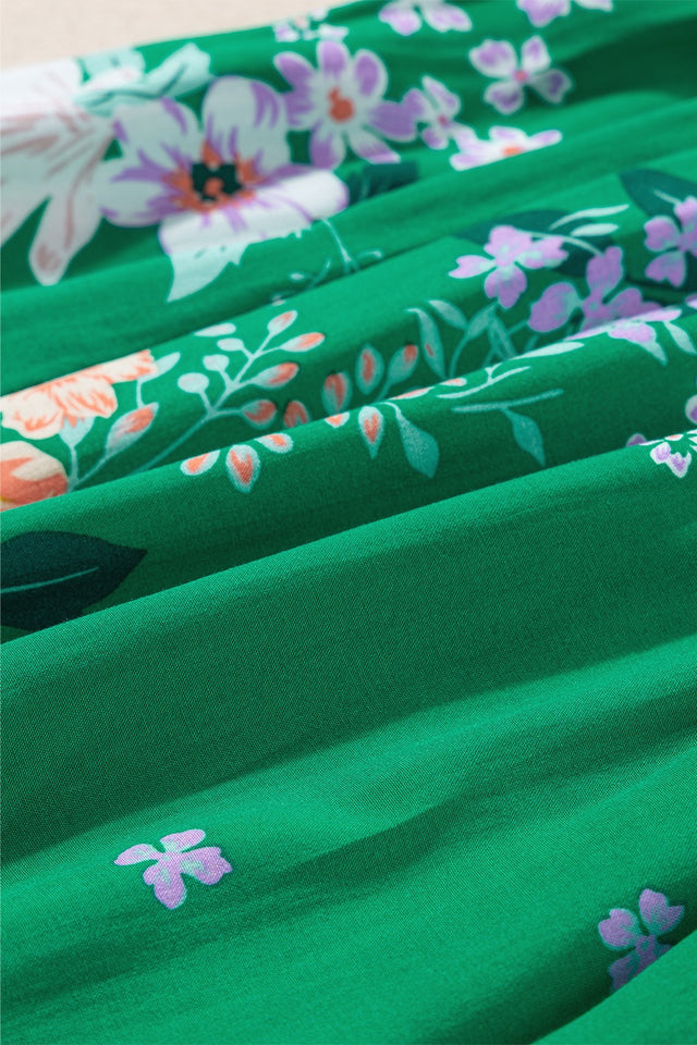 Floral Print Bubble Sleeve Smocked Tiered Midi Dress.