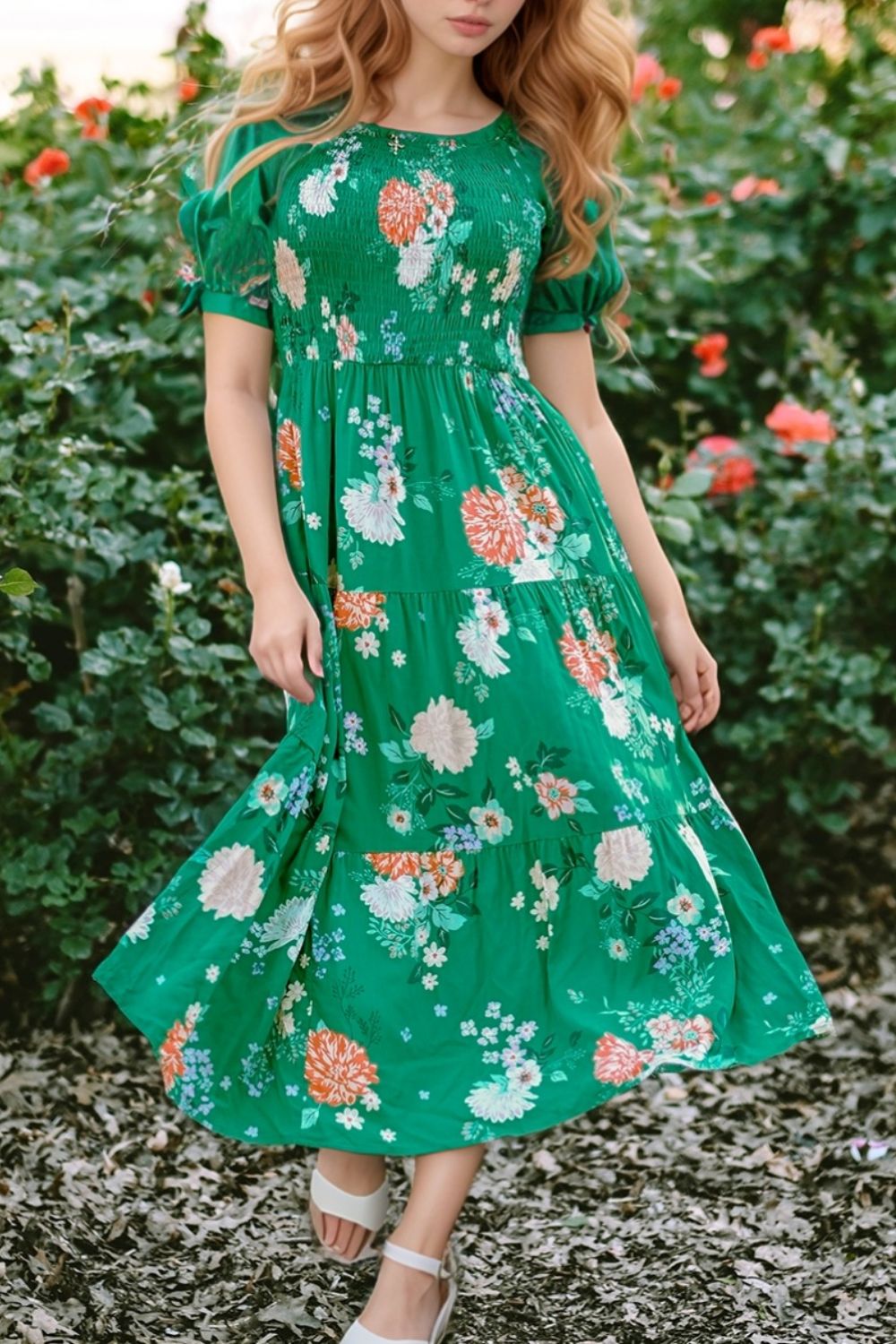 Floral Print Bubble Sleeve Smocked Tiered Midi Dress.