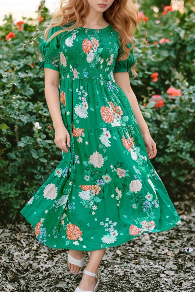 Floral Print Bubble Sleeve Smocked Tiered Midi Dress.