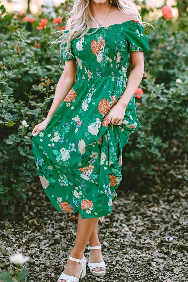 Floral Print Bubble Sleeve Smocked Tiered Midi Dress.