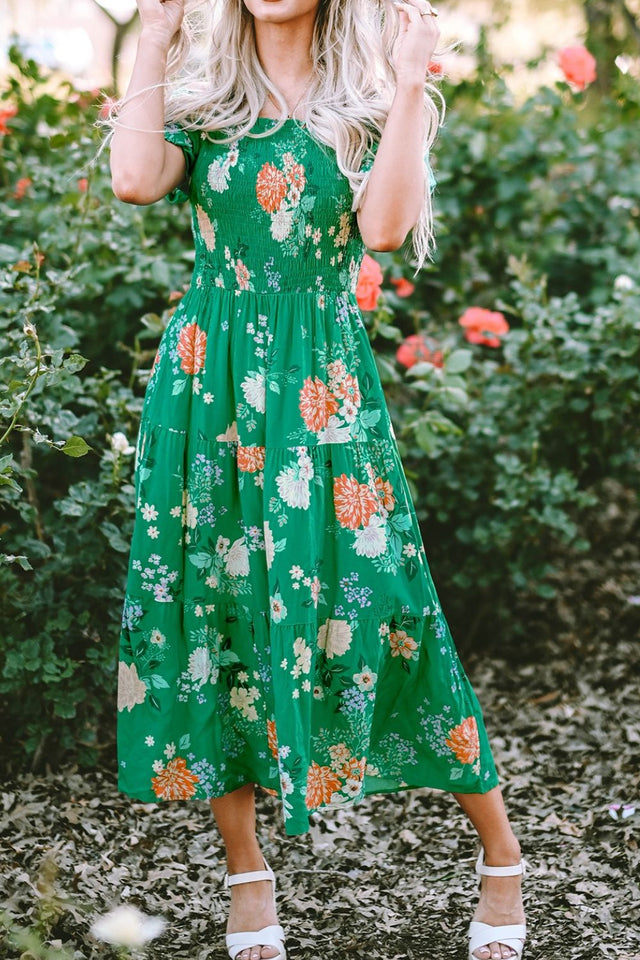 Floral Print Bubble Sleeve Smocked Tiered Midi Dress.