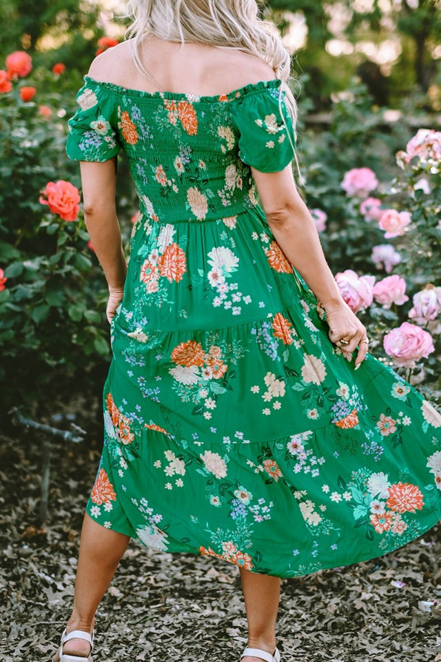 Floral Print Bubble Sleeve Smocked Tiered Midi Dress.