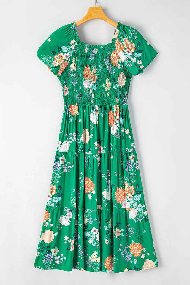 Floral Print Bubble Sleeve Smocked Tiered Midi Dress.
