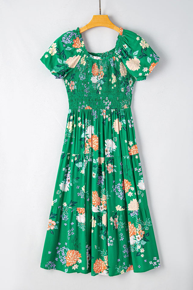 Floral Print Bubble Sleeve Smocked Tiered Midi Dress.