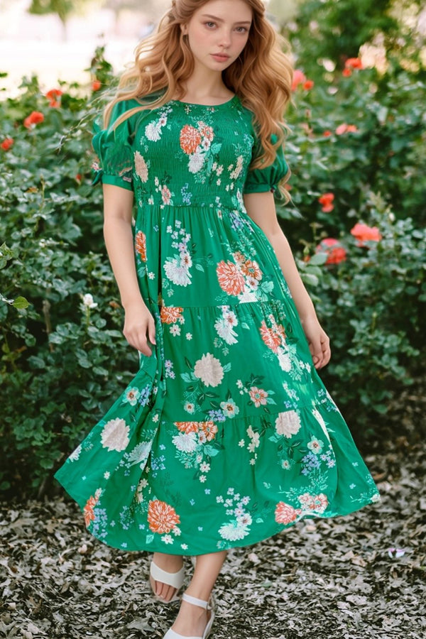 Floral Print Bubble Sleeve Smocked Tiered Midi Dress.