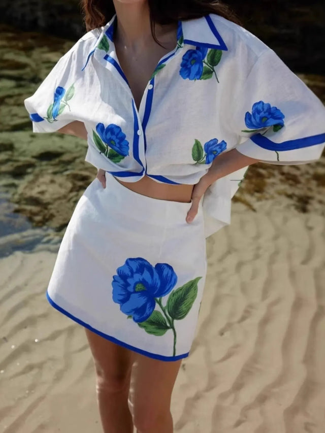 Floral Print Button-Up Shirt and Mini Skirt Set.