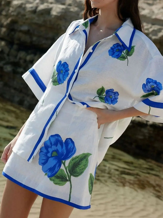 Floral Print Button-Up Shirt and Mini Skirt Set.