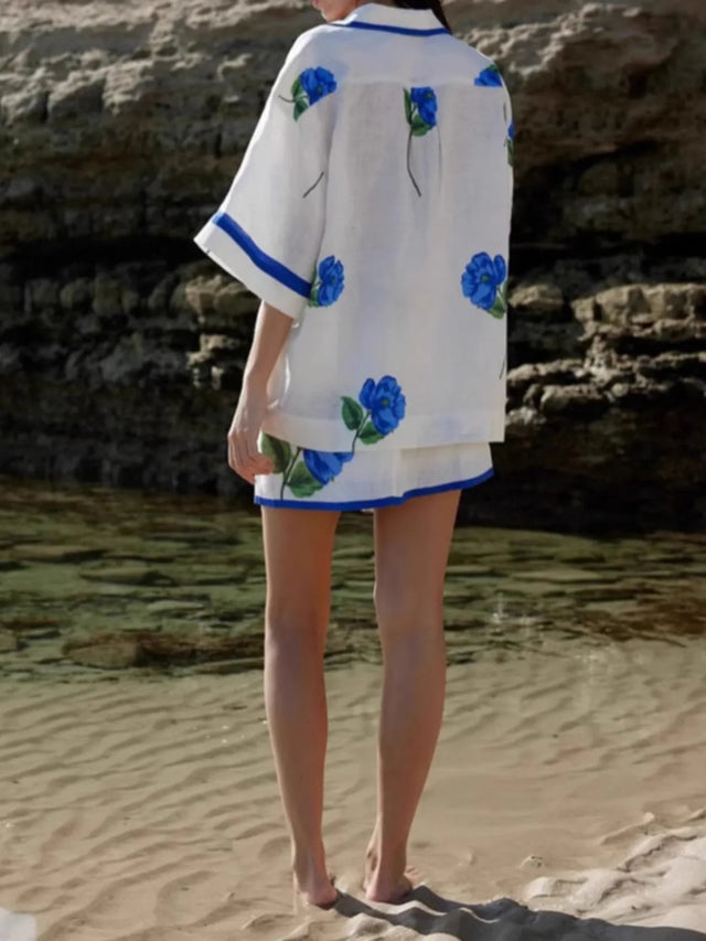 Floral Print Button-Up Shirt and Mini Skirt Set.