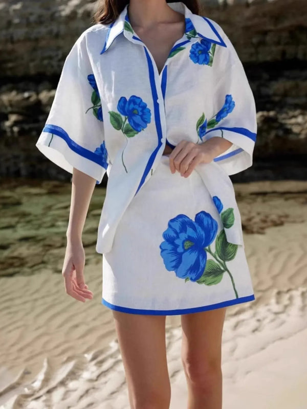 Floral Print Button-Up Shirt and Mini Skirt Set.