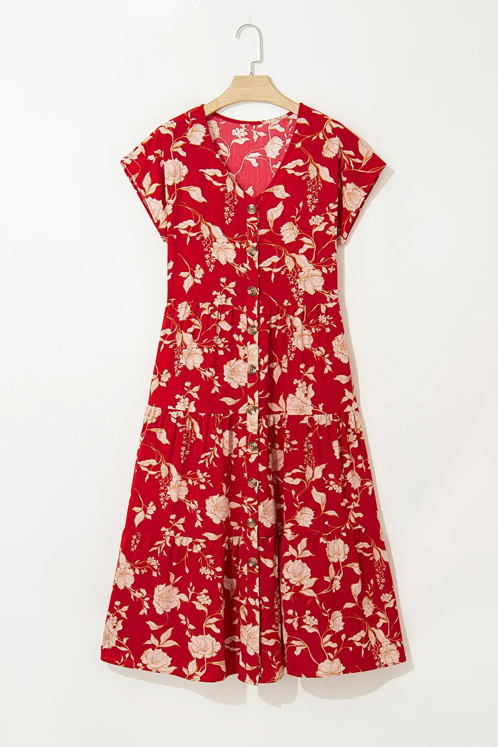 Floral Print Buttoned Front V Neck Tiered Short Sleeve Midi Dress.
