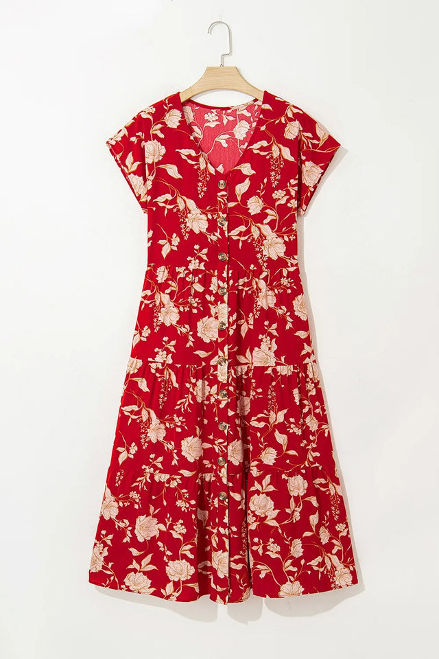Floral Print Buttoned Front V Neck Tiered Short Sleeve Midi Dress.