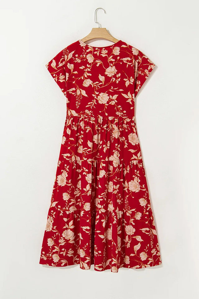 Floral Print Buttoned Front V Neck Tiered Short Sleeve Midi Dress.