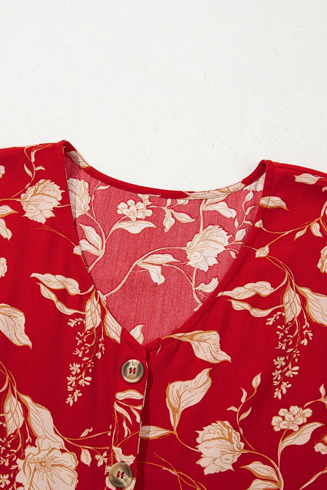 Floral Print Buttoned Front V Neck Tiered Short Sleeve Midi Dress.