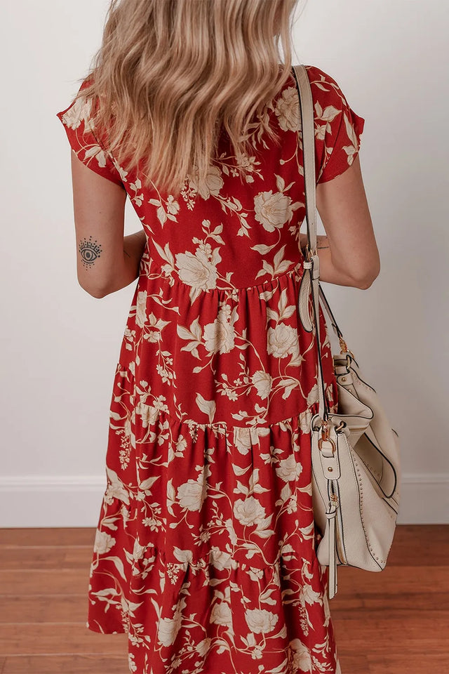 Floral Print Buttoned Front V Neck Tiered Short Sleeve Midi Dress.