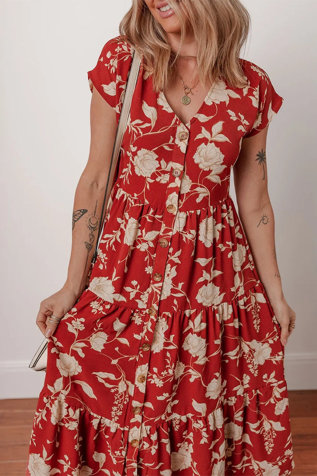 Floral Print Buttoned Front V Neck Tiered Short Sleeve Midi Dress.