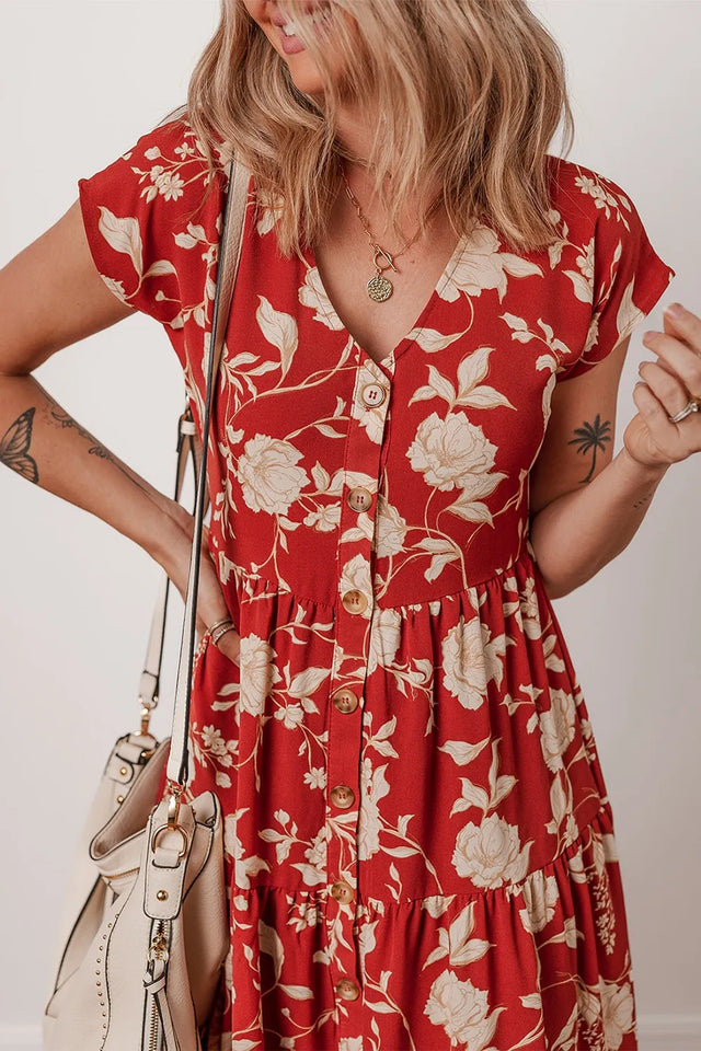 Floral Print Buttoned Front V Neck Tiered Short Sleeve Midi Dress.