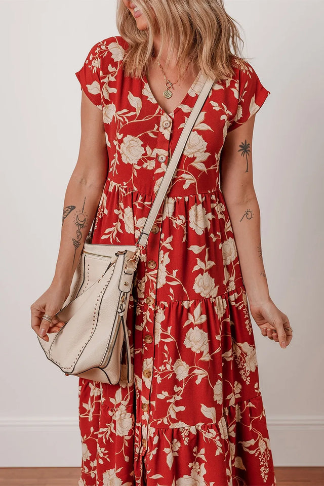 Floral Print Buttoned Front V Neck Tiered Short Sleeve Midi Dress.